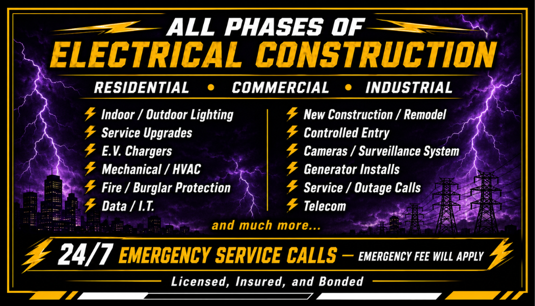 C.E.C. LLC card listing electrical construction services, including lighting, EV chargers, generators, data, telecommunications, and emergency service calls